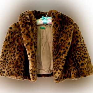 Benetton faux fur cropped 3/4 length sleeve jacket size 6